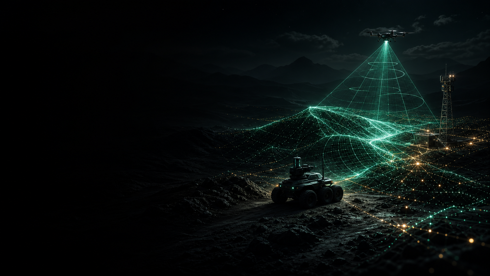 Autonomous ground robot perceiving terrain through a glowing sensor mesh in the field